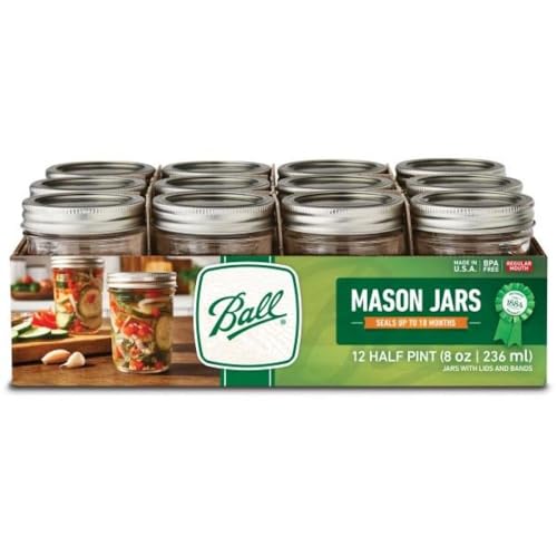 Ball Glass Mason Jar with Lids and Bands, Regular Mouth, Half Pint Size, 8 OZ (12 Pack)