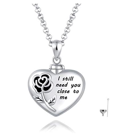 JXJL Cremation Jewelry Heart Urn Necklace for Ashes Keepsake w/Filler Kit Sterling Silver Memorial Locket Rose Flower Urn Pendant Necklace Cover
