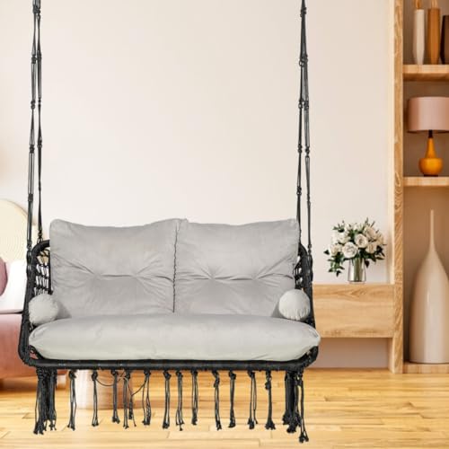 Image of Patiofy Premium Black Double Seater Hanging Swing / 2 Seater Swing for Balcony /Double Seater Swing Chair /Swing for Adults for Home for 2 People /Jhula with Grey Full Body Sitting Cushion & Hanging Kit