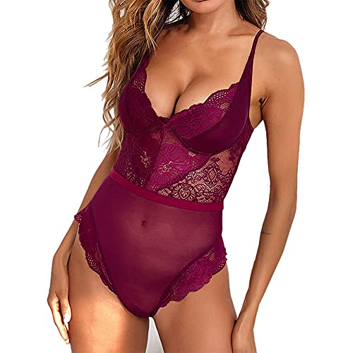 Lingerie col V en maille transparente avec dos nu ajustable pour femme