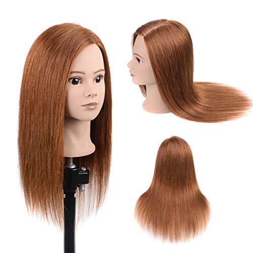 100% Human Hair Mannequin Head With Stand For Makeup Cut Dye Curl Bleach Training Head Manikin Cosmetology Doll Head Auburn Brown 20"-22" (From Forehead to The Back Hair End)