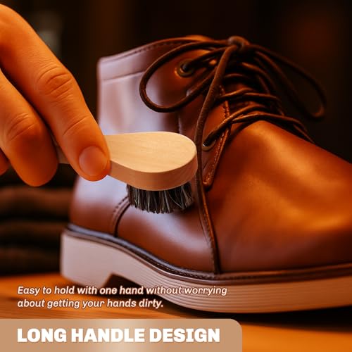 Image of 4 Pcs Horsehair Shine Shoes Brush Kit Polish Dauber Applicators Cleaning Leather Shoes Boots Care Brushes Suede Cleaner Brush with Microfiber Shoe Cloth(Wooden Handle A)