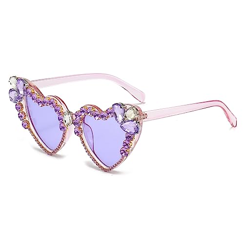 YAMEIZE Trendy Rhinestone Love Heart Sunglasses - Retro Heart Shaped Diamond Glasses Funny Party Outdoor for Women Men