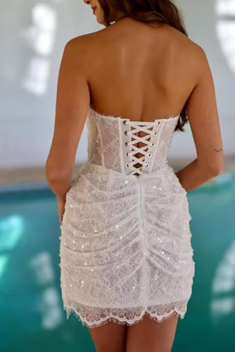 Sequin Lace Short Wedding Dresses for Bride Mermaid Ruffle Wedding Dress for Women Strapless Bridal Shower Dress for Bride4