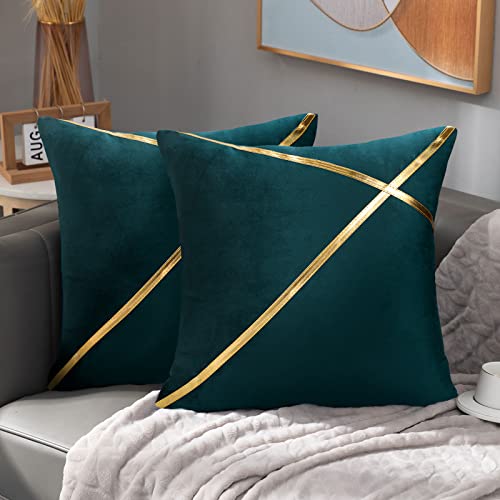 Juego 2 Funda de Cojine con Rayas Dorado Cubierta Decoración Funda de Almohada del Sofá Verde Azulado Terciopelo Fundas Cojines Diseño Geométrico para Hogar Cama Bancos Sala Silla Jardín ,40 x 40 cm Cover