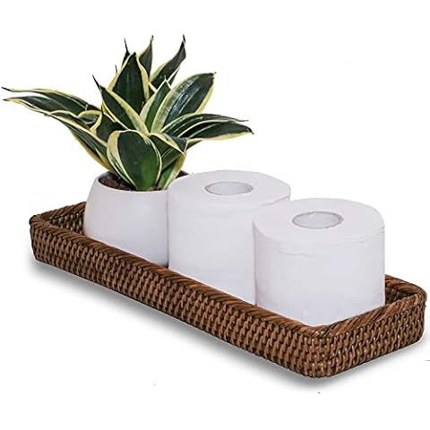 Rattan Toilet Tank Vanity Tray for Dresser 17 x 6 x 2 inches Bathroom Sink Organizer Countertop Guest Towel Holder for Perfume Back of Toilet Storage Basket Wicker Tank Topper Baskets (Dark Brown) Cover