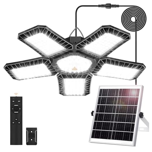 Solar Light for Shed with Constant On & Motion Activated Simple 2 Modes Tempered-glass Solar Panel with 267 LED Large Pendant Lamp Outdoor Indoor for Garage Shop Barn Gazebo Coop Home Day & Night Use