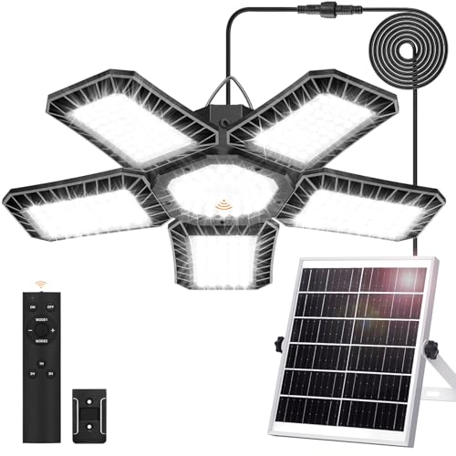 Solar Light for Shed with Constant On & Motion Activated Simple 2 Modes Tempered-glass Solar Panel with 267 LED Large Pendant Lamp Outdoor Indoor for Garage Shop Barn Gazebo Coop Home Day & Night Use