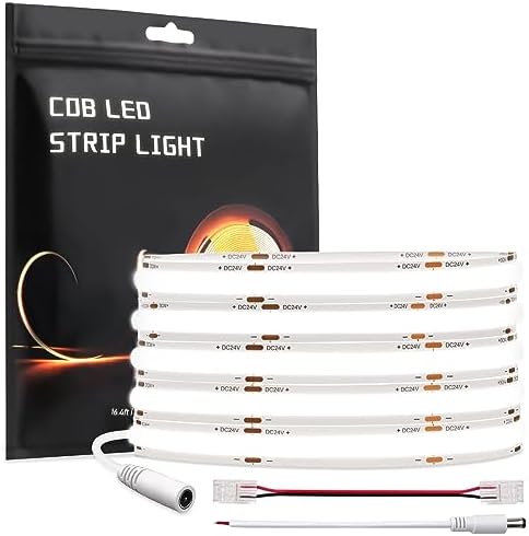 VISDOLL COB LED Strip Lights 16.4ft/5m DC24V 6000K White Dimmable, CRI90+ Bright Flexible LED Tape Light 8mm Width 320leds/M for Indoor Home Decor,Office,Stage,DIY Lighting(Adapter Not Included)