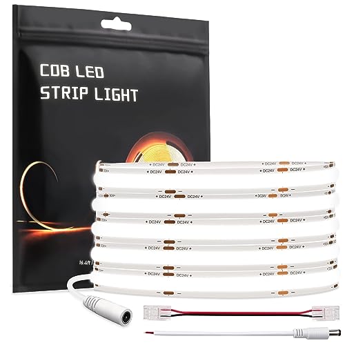 Visdoll Cob Led Strip Lights 16.4Ft/5M Dc24V 6000K White Dimmable, Cri90+ Bright Flexible Led Tape Light 8Mm Width 320Leds/M For Indoor Home Decor,Office,Stage,Diy Lighting(Adapter Not Included) #TOP26