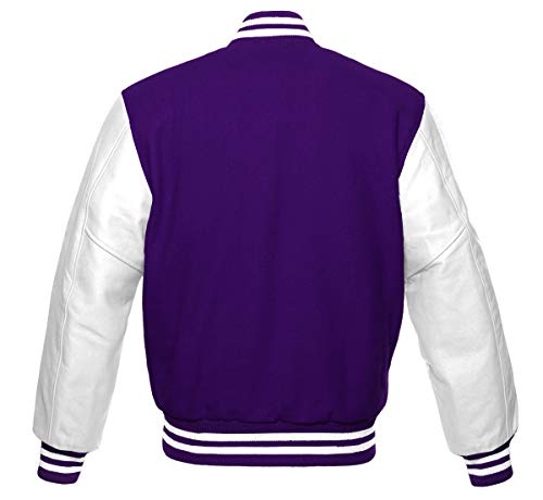 Varsity Hoodie Jacket For Baseball Letterman Bomber School Of Purple Wool and Genuine Black Leather Sleeves2