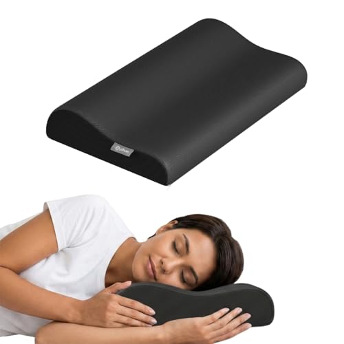 Image of pTron Ergova O2 100% Memory Foam Cervical Neck Pillow, Improves Posture, Spinal Alignment, Neck Pain Relief Cushion, Queen Size 19x11x3.5 inch, Breathable & Washable Zip Cover (Black)