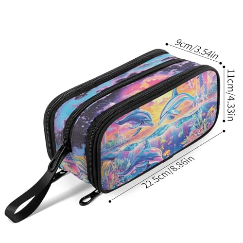 Image of Fustylead Fantastic Dolphins Landscape Large Pencil Case Portable Stationery Bag Cosmetics Bag with Handle for School Office Travel