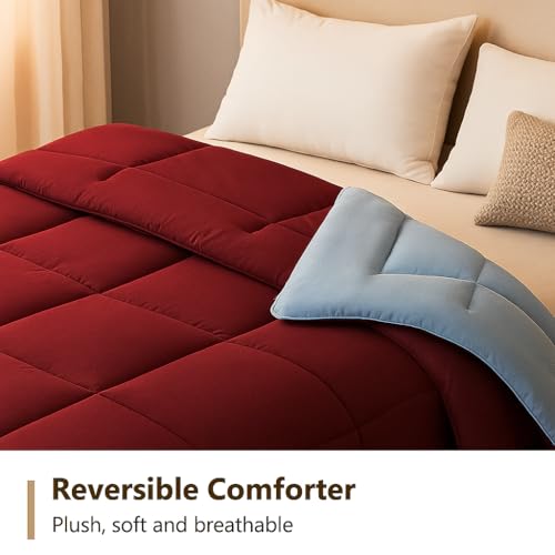 Image of Bed Comforter - Double Size - Red and Light Blue - 300 GSM Quilt Blanket Rajai - Winter Warm Down Alternative Duvet Insert with Corner Ties
