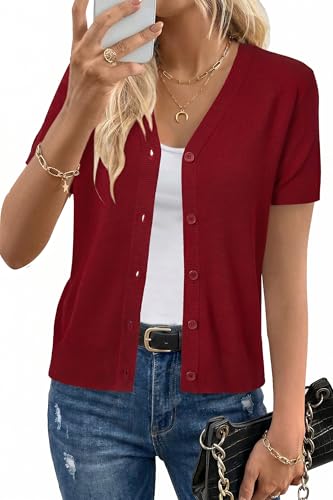 Image of Arach&Cloz Women's Wool Blend Short Sleeve Lightweight Cardigan Business Casual Summer Sweaters Tops