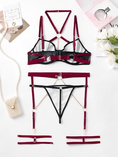 Image of Lilosy Sexy Pu Leather Strappy Underwire Garter Belt Lingerie Set