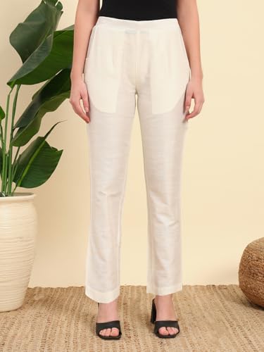 Image of Vogaan Women's Cotton Silk Pant | Half-Elasticated Waist Slim Fit Trouser for Women | Casual Pocket Pants for Office Formal Daily Use