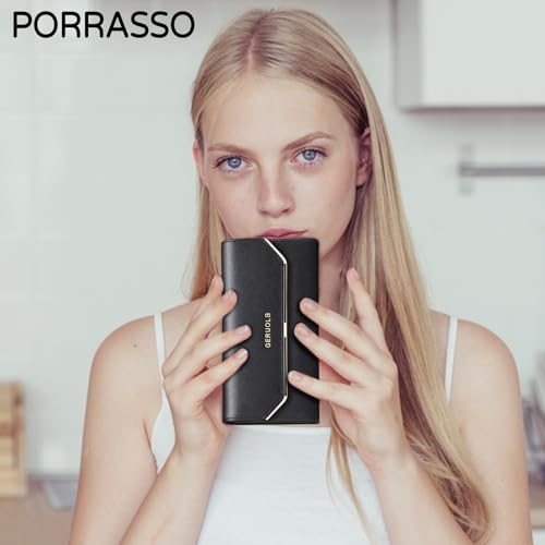 PORRASSO Wallet Women's Leather Purse Card Holder Organizer RFID Blocking Ladies Long Wallet Coin Purse Black2
