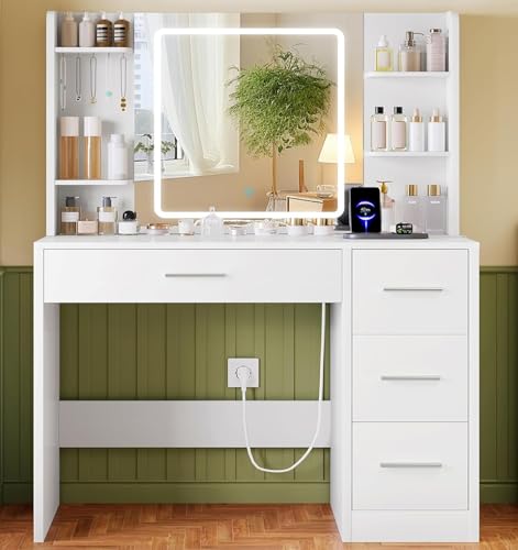 TEENFON Tocador, Tocador de Maquillaje con Luces y Espejo, Mesa de Maquillaje con Toma de Corriente, Mesa de Maquillaje con 4 Cajones, 4 Estantes Abiertos, 5 Ganchos de Joyería para, Blanco