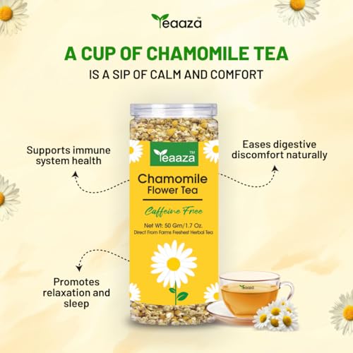Image of Teaaza Organic Chamomile Tea for Sleep & Anxiety Relief - Loose Chamomile Tea Leaves for Natural Stress Relief, Relaxation, and Better Sleep | 50 Grams - 30+ Cups (Pack of 1)