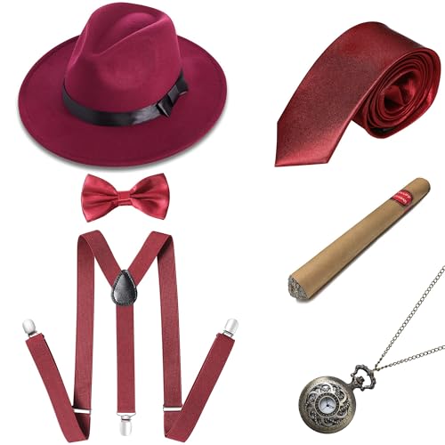 Image of BABEYOND 1920s Mens Gatsby Gangster Costume Accessories Set 30s Manhattan Fedora Hat Suspenders