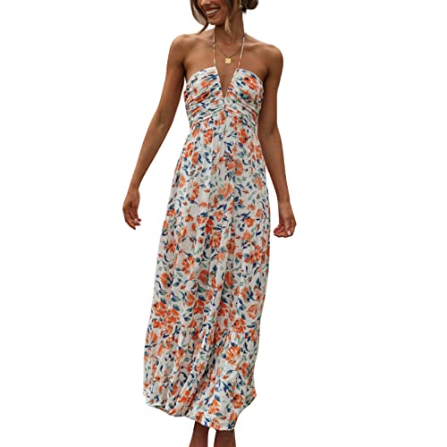 Image of Owl's-Yard Women Ruffle Spaghetti Strap Dress Sexy Backless Tiered Flowy Sundresses Boho Beach Long Dress Clubwear (M-02, XL)