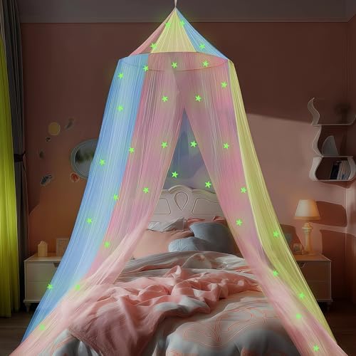 gogofree Colorful Bed Canopy for Girls with Glow-in-The-Dark Stars, Princess Canopy Net for Single, Twin, Full and Queen Size Bed, Mosquito Net, Bedroom Accessories