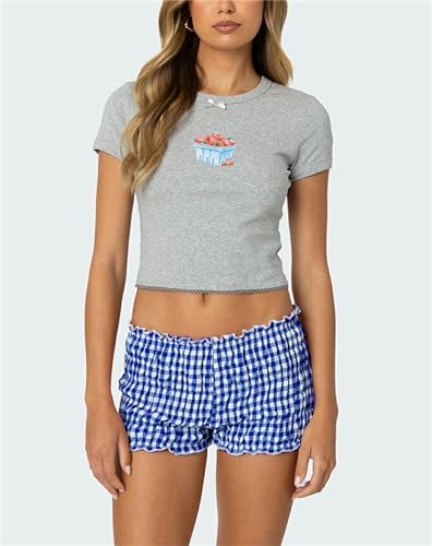 Image of Yuemengxuan Women Y2k Ruffle Shorts Ruched Plaid Shorts Micro Shorts Pajama Bottoms Y2k Cute Fairy Lace Edge Pettipants