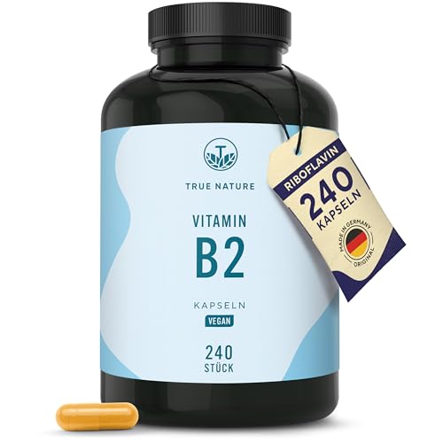 Vitamin B2 Riboflavin - Hochdosiert: 250mg Riboflavin - 240 Kapseln (Big Pack) - Unterstützt Energiestoffwechsel, Haut und Nerven - Laborgeprüft - Vegan & Deutsche Produktion - TRUE NATURE