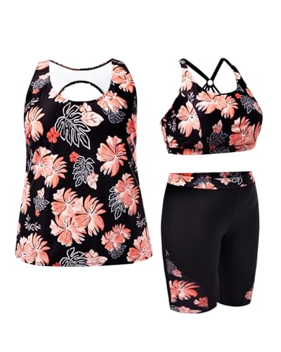 Image of Holipick Women Plus Size Swimsuits - Athletic 3 Piece Tankini with Shorts | Sports bikini top, high waist shorts, tank top, removable pads. Athletic style for water activties