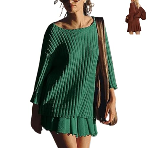 YWeiLiangSan Oversized 2 Piece Sweater Skirt Sets, Long Sleeve Leisure Ribbed Knit Top, Pleated Skirts, Womens Lounge Set (Green,Large)