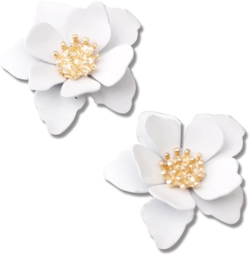Chic Cute Boho Matte Flower Statement Stud Earrings with Gold Flower Bud for Women Sister Mom Lover and Friends