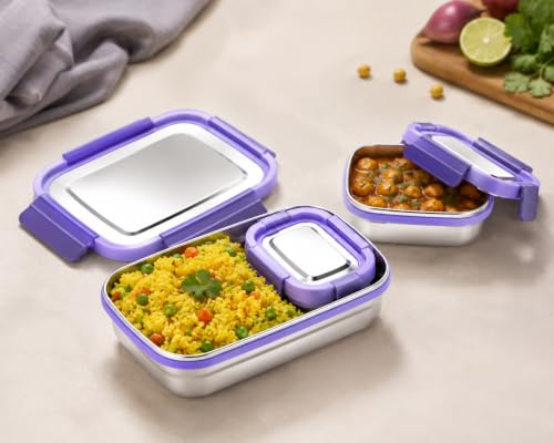 Image of MARKWELL Stainless Steel Lunch Box 700ml + 200ml | Leak Resistant Tiffin Box with Mini Container | BPA Free Lunch Box for Office, School, College, Kids & Travel | (Multicolor)