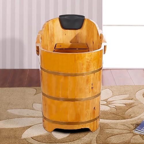 TT-YEC Tiefe Badewanne Für Erwachsene Mit Handläufen, Kompakte Badewanne Aus Holz Mit Kopfstütze, Hocker Und Wasserventil, Orientalische Klassische Badewanne, Tragbare Badewanne,L160cm – Bild 4