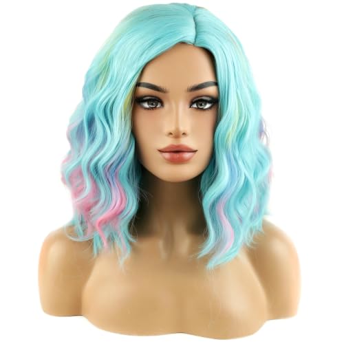 Image of BERON Colorful and Blue Green Short Curly Wave Wig for Women Girls Green Blue Wavy Heat Resistant Synthetic Wig for Cosplay Costume Party or Daily