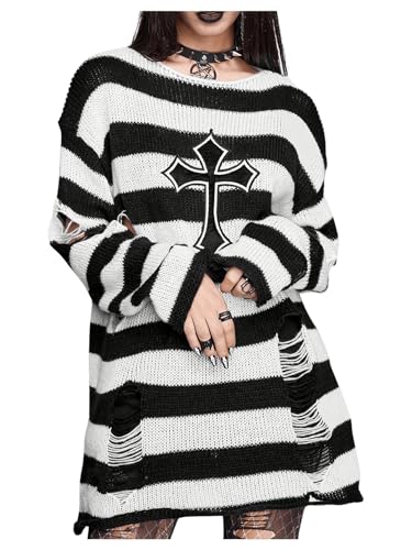 Image of Verdusa Women's Gothic Clothes Striped Sweater Long Sleeve Tops Punk Oversized Sweaters Ripped Sweater Dress Black and White X-Large