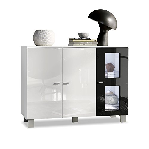 Aparador cómoda Denjo, Cuerpo en Blanco Mate/frentes en Blanco de Alto Brillo y Negro de Alto Brillo con iluminación LED