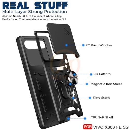 Image of Armor Bumper Back Cover Case for Vivo X300 FE 5G | Rotating Camera Cover, Ring Holder & Kickstand | Heavy Duty & 360 Degree Protection Back Cover (Black)