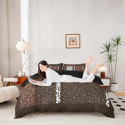 Leopard Print Bedding Set African Cheetah Wildlife Patchwork Comforter Cover Set (No Comforter)for Bedroom Decor Brown White Wild Animal Skin Duvet Cover Microfiber Breathable Bedspread Full Size
