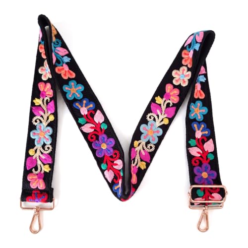 Image of Wide Purse strap Crochet Flower replacement crossbody for Handbag | 2inch black flower adjustable Embroidery Knit floral Guitar Shoulder cross body strap for handbags bag women fashion cute