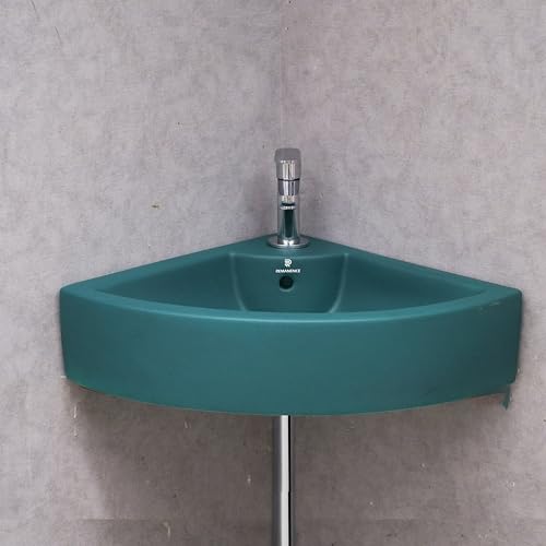 Image of REMANENCE Ceramic Wall Hung Corner Wash Basin for Bathroom | Wall Mounted Corner Sink (20.4 x 15 x 6 Inch) (Green)