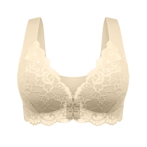 Flodxo Bras for Women Front Fastening Non Wired Bras Sexy Lace High Impact Wireless Plus Size Bralettes Push Up Comfort Soft Front Buckle for The Elderly Full Coverage Tshirt Bralette Beige L