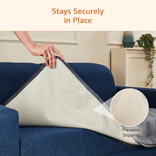 Image of Amazon Basics Plush Velvet Sofa Cover for Two Seater, Bubble Surface, Non-Slip Sofa Pad, 70x120 cm, Soft Silicone Grip Dots, 100% Polyester, Machine Washable - Dark Grey
