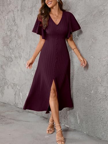 Image of Shasmi Girl's & Women's Pleated Midi Dress with Flutter Sleeves | V-Neck Western Dress for Women | Elegant A-Line Summer Outfit | Office & Casual Wear (Dress 244)