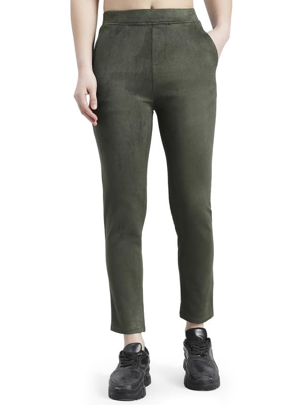 Image of GO COLORS Women Solid Mid Rise Suede Treggings