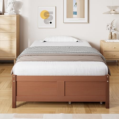 Merax Holzbett 90x200cm, Einzelbett mit Zwei Schubladen auf Rollen, Flachbetten mit Stabile Lattenroste, Ohne Kopfteil, Kinderbett Futonbett Bettrahmen für Erwachsene Teenager, Kiefer+MDF, Rotbraun
