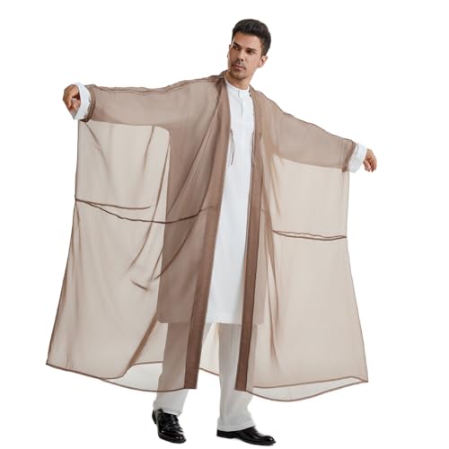 Muslim Men's Pure Color Long Sleeves Bisht Cardigan Robe Dubai Abaya (Coffee, Medium)2