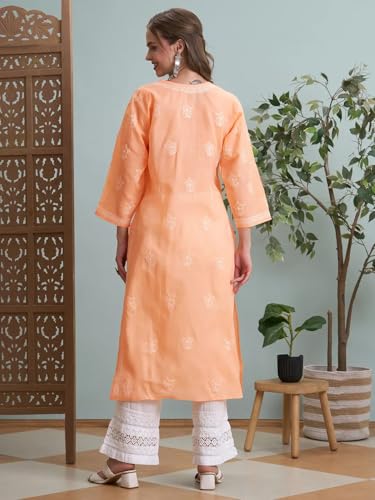 Image of Ada Women's Cotton Straight Fit Straight Hand Embroidered Lucknowi Chikankari Kurta Kurti A411165