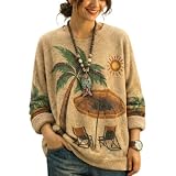 Women’s Graphic Knit Sweater Long Sleeve Relaxed Fit Pullover, Drop Shoulder Crewneck with Tropical Vacation Print (Leisure,XXL)