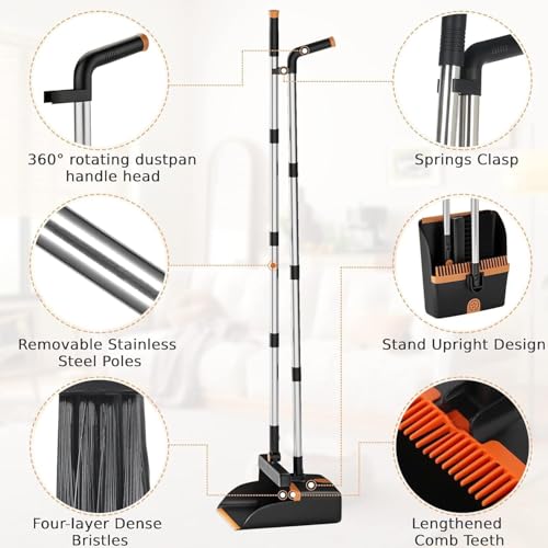 Image of Broom and Dustpan Set, Cleaning Supplies Broom and Dustpan Set for Home, Long Stainless Steel Handle Brooms with Upright Dustpan Combo Set for Home Office Kitchen Lobby Floor Cleaning